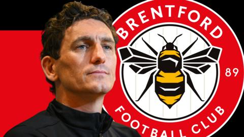Keith Andrews on a red background the the Brentford club badge