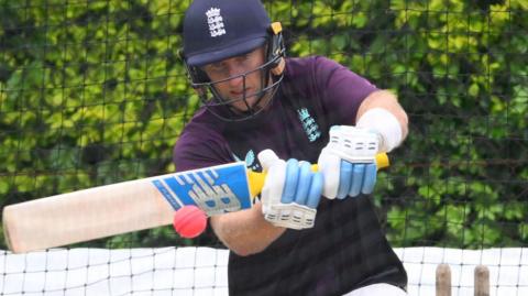 England batter Joe Root hitting a pink ball during a net session