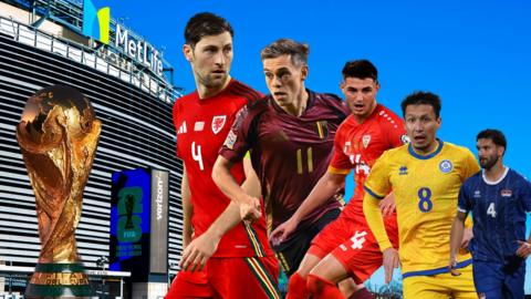 A montage of the World Cup trophy, the MetLife Stadium, Wales' Ben Davies and players from Wales' qualifying group rivals