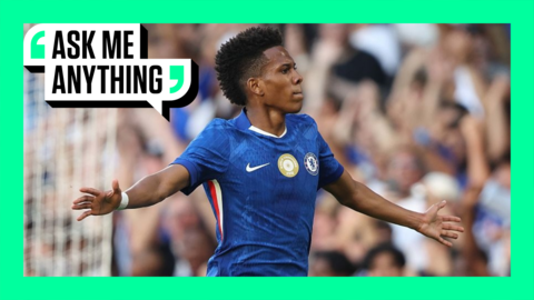 Chelsea's Estevao celebrates scoring in pre-season in a shirt without a sponsor