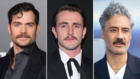 A split image of Henry Caville, Paul Mescal and Taika Waititi. All are wearing suits and have moustaches.