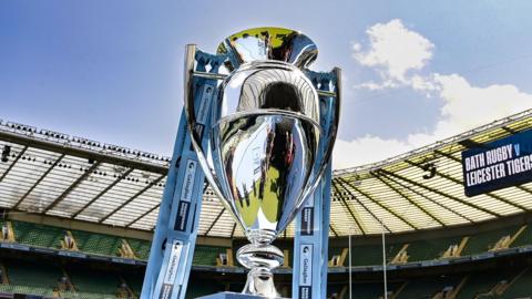 The Prem rugby trophy on a plinth inside an empty Allianz Stadium ahead of the Prem final 2024-25