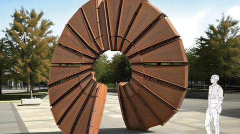 A computer generated image of a large circular weathered steel structure, about the height of two people. It is in the middle of an open town square. Trees in the background and a line drawing of a man stood next to the sculpture, looking up at it.