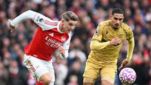  Viktor Gyokeres of Arsenal takes on Crystal Palace's Maxence Lacroix during their Premier League game in October