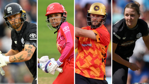 A split graphic of Phil Salt, Sophia Dunkley, Ben Duckett and Lauren Filer