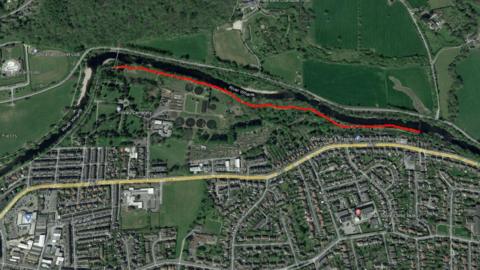 A Google maps image showing the position of the footpath next to the River Wharfe in Ilkley and the section which will be closing, marked with a red line. 