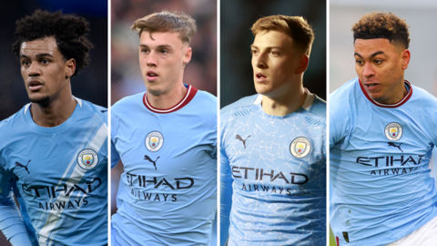 A split picture of Oscar Bobb, Cole Palmer, Liam Delap and Morgan Rogers who have come through Manchester City's youth system