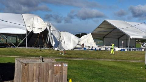 Tents and frames fallen down at Wetherby Racecourse where the Driffield Dog Show had been set up