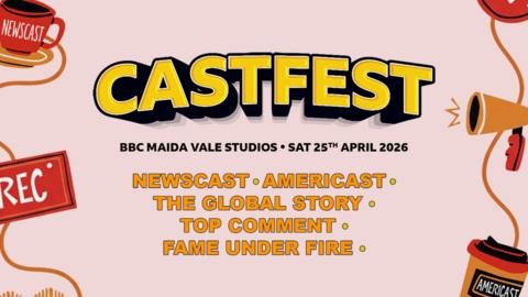 Castfest poster explaining that Newscast, Amercast, The Global Story, Top Comment and Fame Under Fire podcasts are taking part in a podcast festival