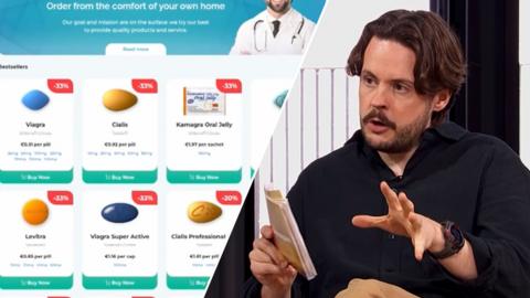 Split image of a fake pharmacy website, and an image of presenter Nick Stapleton, wearing a dark shirt, in the Morning Live studio
