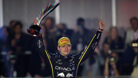 Red Bull's Max Verstappen celebrating winning in Las Vegas