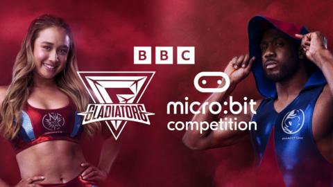 Gladiator micro:bit competition logo, with Gladiators Dynamite and Phantom standing behind.