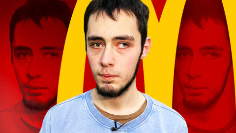 A picture of former McDonald's worker Matt, against a backdrop of a McDonald's logo