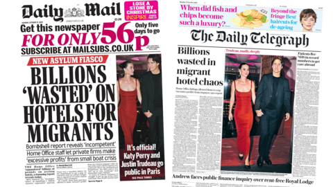 A composite image of the front pages of The Daily Mail and The Daily Telegraph. The headline on the former reads "billions 'wasted' on hotels for migrants" and a photograph caption on the latter reads "Trudeau, madly, deeply".