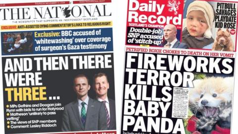 Composite image of The National, headlined "And then there were three" and the Daily Record, headlined "Fireworks terror kills baby panda"