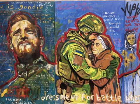 Paintings of one solider in a green uniform with red hair and a beard looking up at the sky. Another in camouflage uniform wearing a helmet comforting an older woman in a brown coat and hat with grey hair 