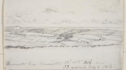 The side of Weymouth Bay, Osmington which depicts fields. There are dates under it.