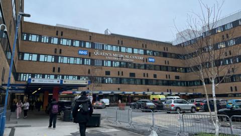 The main entrance of Queen's Medical Centre in Nottingham. Taken in January 2026.