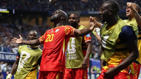 Yoane Wissa celebrates scoring for DR Congo against Uzbekistan