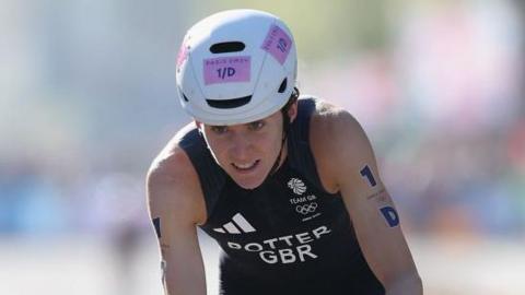Britain's Beth Potter during the bike leg of the Olympic triathlon in Paris in 2024