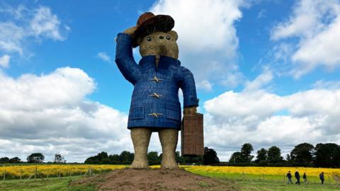 A large sculpture of Paddington Bear made out of straw, wearing a blue duffel coat made of larch shingles and a woven hat and suitcase, stands on a mound of soil surrounded by fields of yellow wildflowers.

