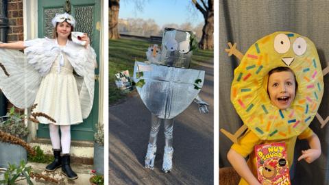 A girl dressed as a white snowy owl, a girl dressed as a shiny silver robot and a boy dressed as a yellow doughnut with sprinkles on it.