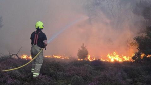 A firefighter with a yellow helmet and protective gear spraying a jet of water onto a large wildfire burning through low brush and trees in a smoky field.