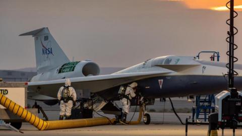 X-59 jet on the ground.
