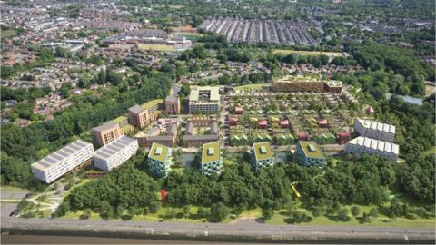A mixture of multi-storey housing blocks and houses can be seen in this image. Trees surround the site, with green spaces and courtyards shown within some of the buildings. The waterfront can be seen nearest the camera.