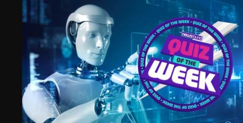 a robot looks and points at quiz of the week logo