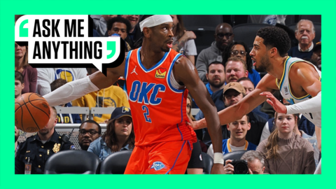 Shai Gilgeous-Alexander fends off Tyrese Haliburton with an Ask Me Anything border around it