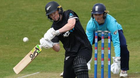 New Zealand batter Maddy Green plays a shot