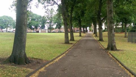 A photograph of a path with trees lined either side. There are grass fields and houses in the distance.