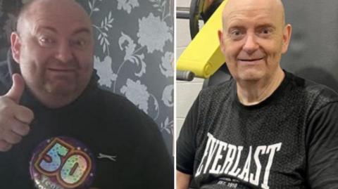 Two pictures of a man - one where he is larger with a 50th birthday badge and giving a thumbs up to the camera. And the second picture is of a man who is slimmer and wearing an Everlast logo T-shirt.