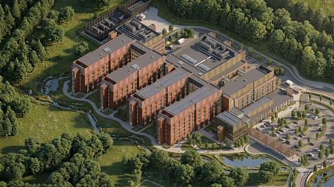 A computer generated image of the new hospital buildings, it is set close to woodland. There is a car park.