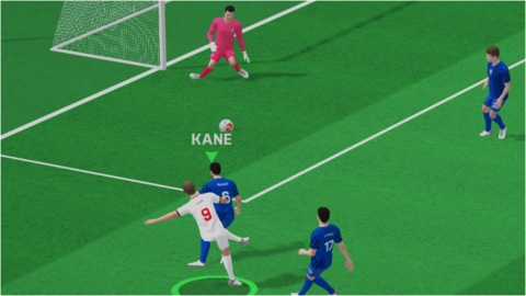 A screenshot of BBC's 3D World Cup experience showing Harry Kane taking a shot.