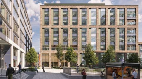 Artists design of modern large square office building with large windows.