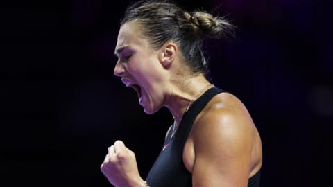 Aryna Sabalenka celebrates a point at the WTA Finals