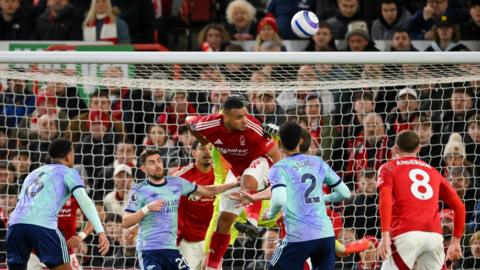 Murillo heads the ball away in Nottingham Forest's draw with Arsenal