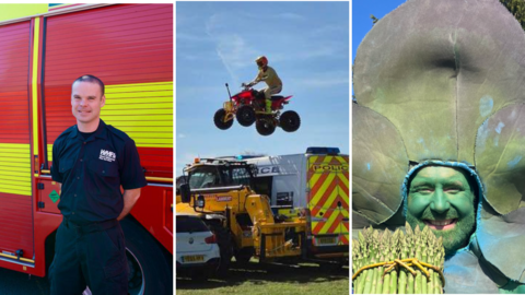 A three‑panel image showing a firefighter standing in front of a fire engine, a person riding a quad bike in mid‑air near emergency vehicles, and a person wearing a large vegetable costume with asparagus visible.
