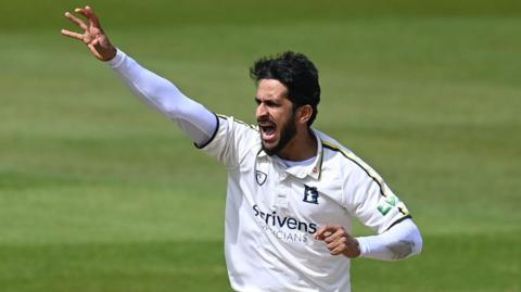 Hasan Ali appeals for a wicket during a County Championship game against Surrey