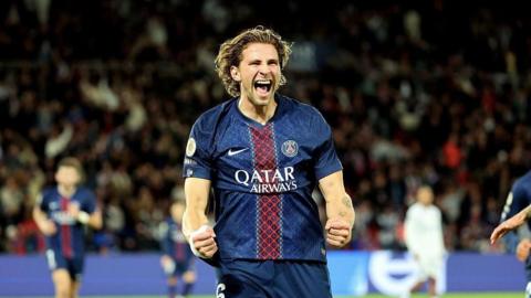 Illia Zabarnyi celebrates scoring for Paris Saint-Germain against Auxerre in Ligue 1.