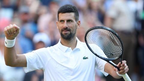 Novak Djokovic celebrates after quarter-final win over Flavio Cobolli at Centre Court Wimbledon