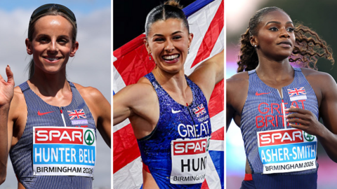 Georgia Hunter Bell (left), Amy Hunt (centre) and Dina Asher-Smith (right) - collated image