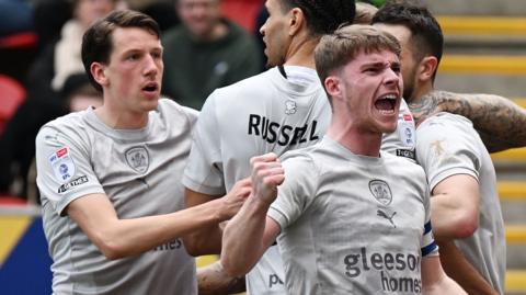 Barnsley celebrate their winning goal at Rotherham