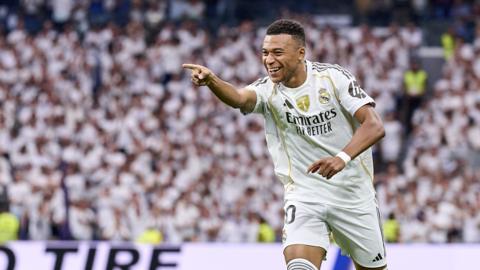 Kylian Mbappe celebrates scoring against Espanyol for Real Madrid
