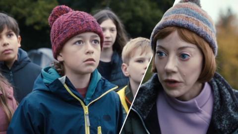 A group of children looking shocked and scared and Diane Morgan as Linda in Ann Droid