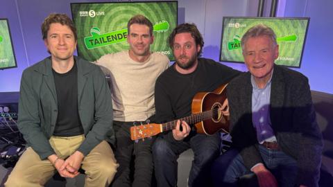 The Tailenders team in the studio with Michael Palin