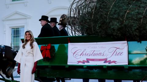 First lady Melania Trump welcomes the official 2025 White House Christmas Tree.