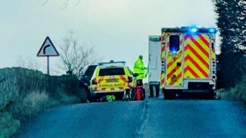 Emergency services vehicles at the scene of the serious two-car collision on the B979